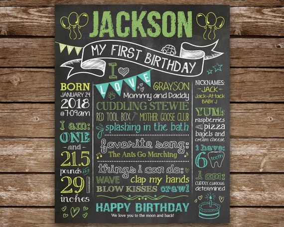 1st Birthday Chalkboard for little Boy, First Birthday Chalkboard Printable, Custom Colors Il_570xn
