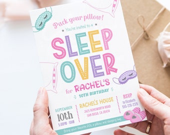 Editable Sleepover Party Invitation, Girls Slumber Party Invite, Pillows, Eye Masks, Pastel Colors, Digital Download Corjl SLE1