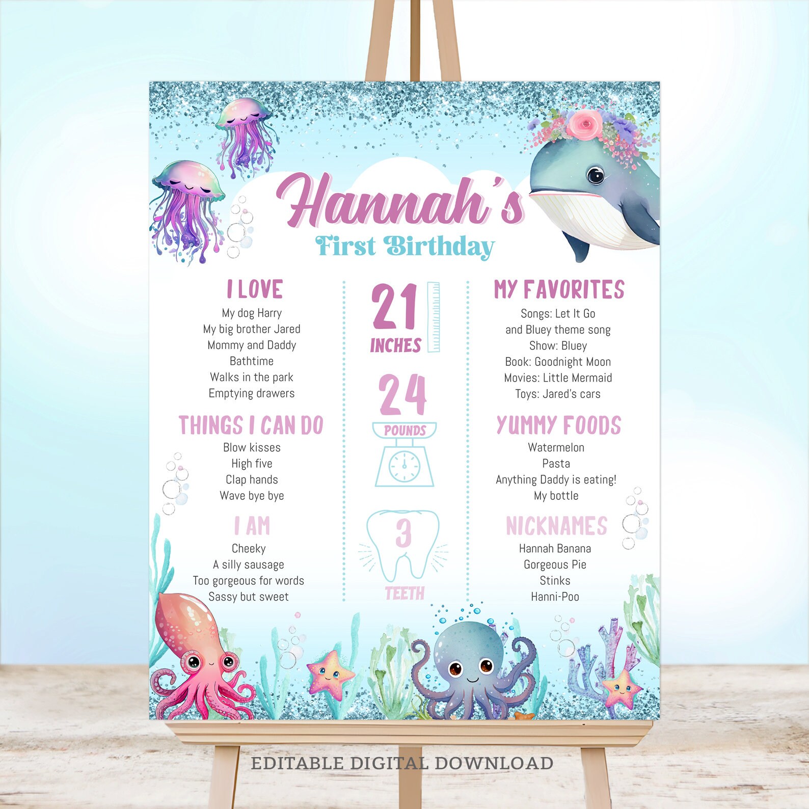 Under the Sea Girl mijlpaalposter eerste verjaardag: bewerkbare sjabloon feestbord met walvis (digitale download)