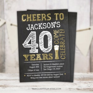 Cheers to 40 Years Beer Birthday Invitation card. Gold and white on a chalkboard effect background, with a glass of beer.