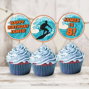 Editable Surfing Birthday Cupcake Toppers Boy Surf Party Cake Teenager Decorations Wave Surfer Instant Download Corjl SO1
