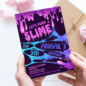 Invitación de cumpleaños editable con slime, invitación para fiesta con slime que brilla en neón, invitación de cumpleaños para hacer slime, plantilla de invitación con slime que brilla en la oscuridad para niñas SLI1
