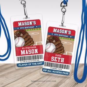 May include: Two baseball-themed VIP access passes with blue lanyards. Each pass features a baseball, glove, and field design, with the text "MASON'S 8TH BIRTHDAY" and the names "MASON" and "SETH". The passes include the text "ALL-STAR VIP PLAYER ACCESS PASS".