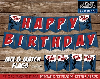 Bike Skater Scooter Birthday Party Bunting Banner, Happy Birthday DIY Banner,PRINTABLE Happy Birthday Banner BS1 BS2