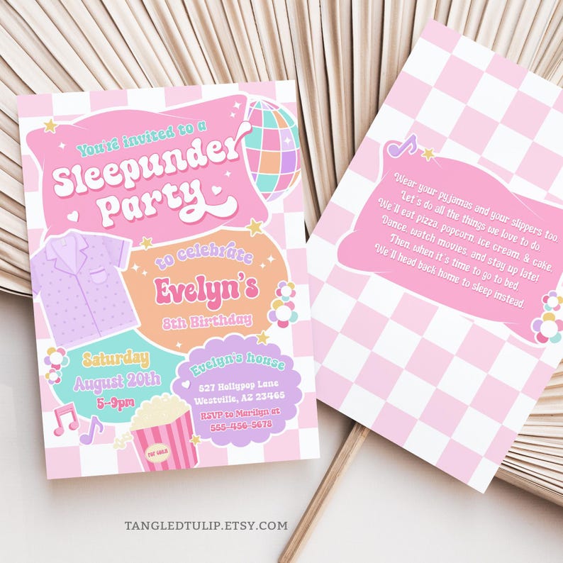 A Sleepunder Party invitation for the Birthday Girl! In a groovy design and pastel colors, with pajamas, popcorn for movies, music notes and disco ball. A cute rhyme at the back explains the concept of a Sleepunder. Fully editable invitation template.