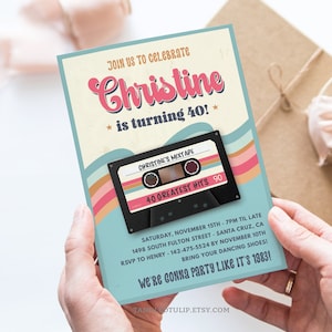 Bewerkbare vintage cassettebandje 40e verjaardagsuitnodiging ELKE LEEFTIJD vrouw retro mixtape feestuitnodiging Instant Download AFDRUKBARE Corjl VC2
