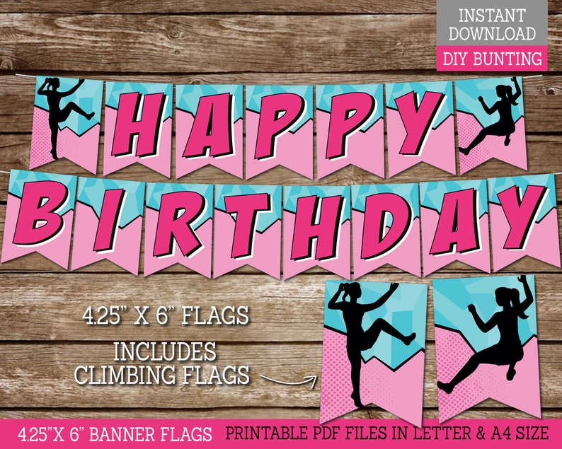 Rock Climbing Happy Birthday Banner for Girls, PRINTABLE Birthday Banner for Climbing Birthday Party Decor, DIY Banner, Instant Download CL3 image 1
