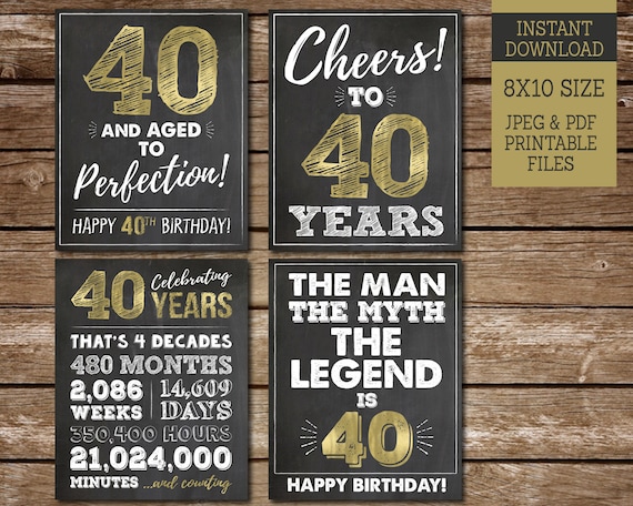 40 Aged to Perfection, PRINTABLE Cheers to 40 Years signs, Happy 40th Birthday, Gold Birthday Party Signs, Instant Download Il_570xn