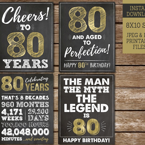 Signes du 80e anniversaire pour les hommes, PRINTABLE Cheers to 80 Years, Happy 80th Birthday, Gold Birthday Party Signs, Instant Download G80