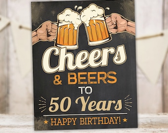 May include: A black chalkboard sign with a white border and a graphic of two hands holding beer mugs. The text on the sign reads "Cheers & Beers to 50 Years Happy Birthday!"  The sign is available in three sizes: 16x20 inches, 11x14 inches, and 8x10 inches.