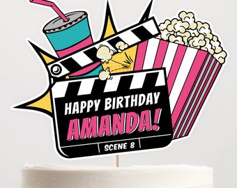 Verjaardagstaarttopper film | Aangepaste naam en leeftijd taarttopper | Afdrukbare bewerkbare sjabloon | Directe download MO3