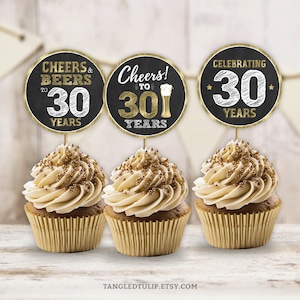 30th Birthday Cupcake Toppers for Him Cheers to 30 Years Party Decoration Gold Cake Download Digital PRINTABLE BG30