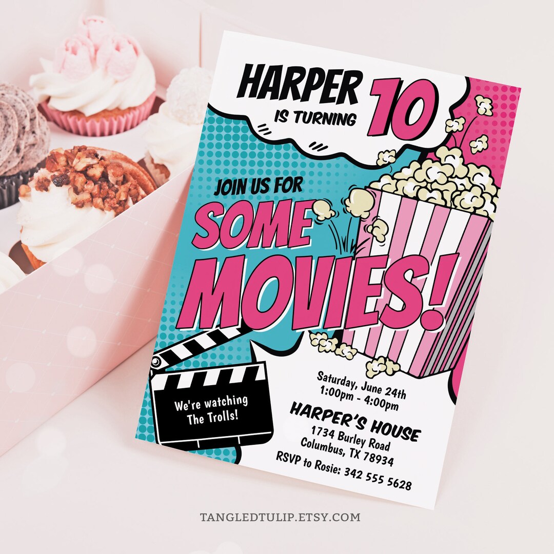 Movies Birthday Invitation Card for Home Movie Party Popcorn - Etsy