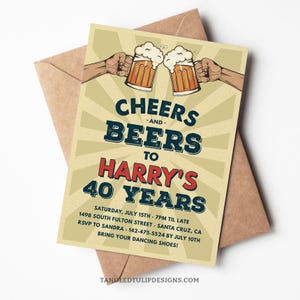 Editable Cheers and Beers Birthday Invite, 40th 50th 60th, Any Age Vintage Beer Invitation, Retro Style, Cheers to 40 Years Invite Corjl VB1