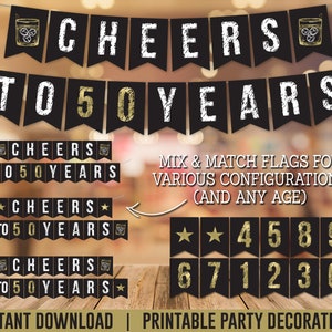 May include: Printable black and gold party banner with the text "CHEERS TO 50 YEARS". The banner is made up of individual flags with different designs. The flags include a star, a glass of whiskey, and the numbers 1 through 9. The text "MIX & MATCH FLAGS FOR VARIOUS CONFIGURATIONS (AND ANY AGE)" is also included on the banner.