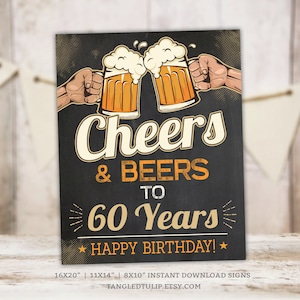Cheers and Beers to 60 Years Man Birthday Chalkboard 60th Party Decorations Instant Download PRINTABLE BV60
