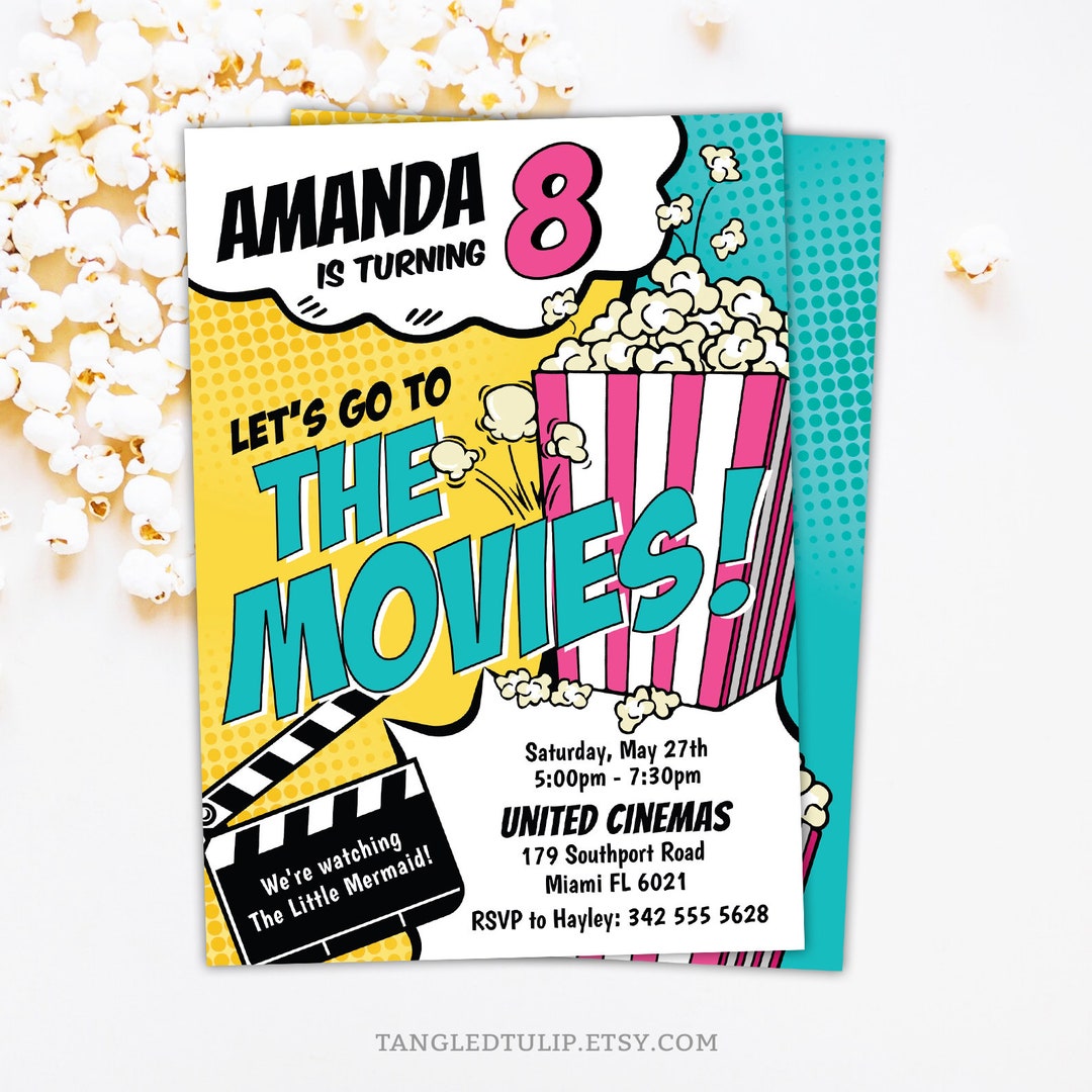 Movie Birthday Invitation | Girl Movies Popcorn Birthday Party Invite ...
