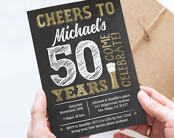 May include: A black chalkboard style invitation with gold lettering for a 50th birthday party. The invitation reads "Cheers to Michael's 50 Years Come Celebrate!" with details about the party date, time, location, and RSVP information.