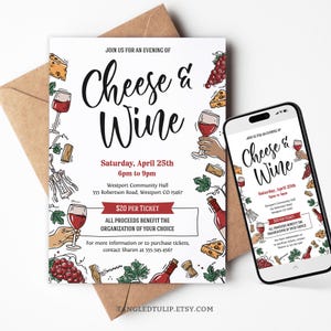 Invitation modifiable de fromage et de vin, invitation à une dégustation de vin, invitation numérique à une dégustation de vin, modèle d&#39;événement de collecte de fonds CWE1