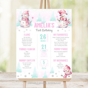Editable First Birthday Milestones Winter Snowman, Girl 1st Birthday Milestone Poster Sign Template, Instant Download, Edit in Corjl WIN1