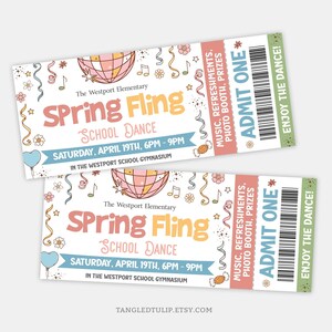 Bearbeitbare Spring Fling Dance Tickets, Schul Spring Fling Ticket Vorlage, Schule PTO PTA Spring Fling Printable Tickets SPR1
