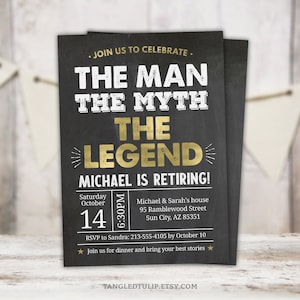 Editable Retirement Party Invitation The Man The Myth The Legend Is Retiring Invite Gold Chalkboard Digital PRINTABLE Corjl RE1