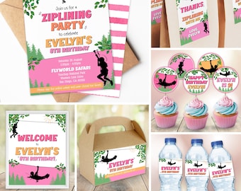 May include: A ziplining birthday party bundle with 6 items. The bundle includes a pink and green invitation, a welcome sign, a favor bag tag, cupcake toppers, water bottle labels, and a favor box. The theme is ziplining and the colors are pink, green, and brown.