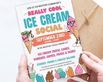 Folleto de evento social de helados / Póster de evento de helados para escuelas y comunidades / Plantilla imprimible y editable / Descarga instantánea FICS1