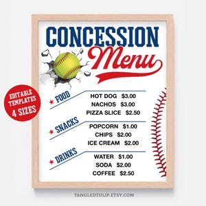 May include: A framed concession menu with a baseball theme. The menu features a softball breaking through a wall, with the word "CONCESSION" in blue and "Menu" in red. The menu lists food, snacks, and drinks.