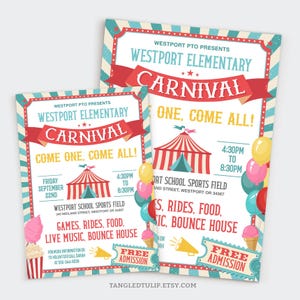 Modèle de Flyer modifiable pour le carnaval scolaire, affiche d&#39;événement de collecte de fonds de fête foraine d&#39;école d&#39;église, d&#39;invitation de carnaval, d&#39;invitation PTA d&#39;école de prise de force FSC1