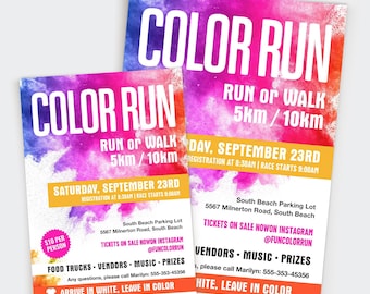 Pode incluir: Dois folhetos para um evento "Color Run". O design apresenta um vibrante respingo de cores, com texto em branco e laranja. Os detalhes incluem a data, o local e a opção de correr ou caminhar um percurso de 5 km ou 10 km.