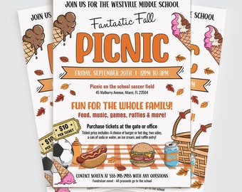 May include: A colorful flyer for a Westville Middle School Fantastic Fall Picnic on Friday, September 20th from 12pm to 3pm. The flyer features a picnic basket, hot dogs, hamburgers, ice cream, and a soccer ball. The text on the flyer says "Fun for the whole family!" and "Food, music, games, raffles & more!"
