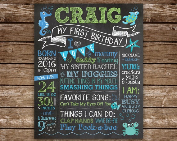 Under the Sea 1st Birthday Chalkboard Fish, Starfish, Seahorse, Turtle, Sea Creatures Chalkboard Printable Sign, Under the Sea Party Il_570xn