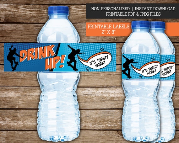 Skater Boy Birthday Party Water Bottle Label PRINTABLE.