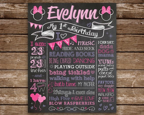 First Birthday Chalkboard, Minnie Mouse 1st Birthday Sign, Printable Chalk Poster, Minnie Mouse, Custom Colors, 1st Birthday Chalk Il_570xn