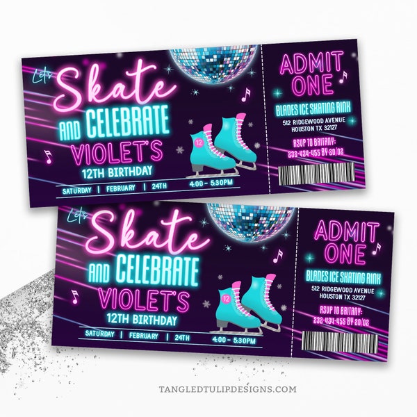 Ice Skating Birthday Invitation Ticket, Let's Skate and Celebrate Girl Ice Skate Party Invite EDITABLE Neon Glow Download Corjl ICE1