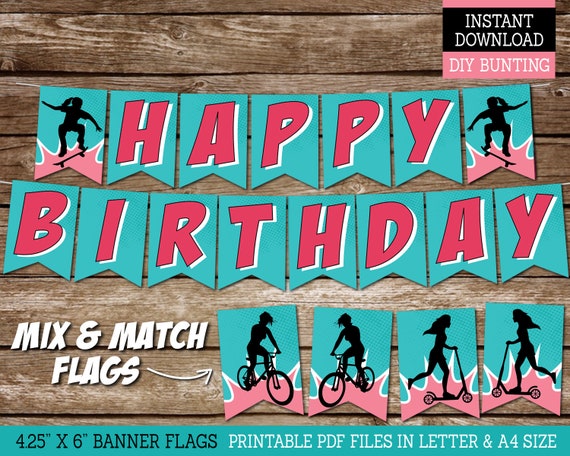 Girl's Skater Scooter Bike Happy Birthday Banner, Skate Scoot Bike Party Decor for Girls, DIY PRINTABLE Banner Bunting, Instant Download Il_570xn