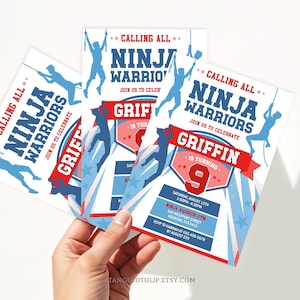 May include: Three invitation cards with a blue and red ninja warrior theme. The cards feature the text "Calling All Ninja Warriors" and "Griffin is turning 9". The cards have a white background and blue star accents.