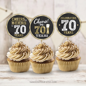 70th Birthday Cupcake Toppers, PRINTABLE Cupcake Toppers for Cheers to 70 Years, 70th Birthday Decorations, Instant Download BG70
