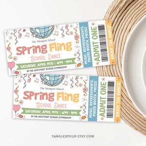 Bearbeitbare Schule Spring Fling Tickets, Spring Fling Dance Ticket Vorlage, Spring Fling Dance Printable Tickets SPR1