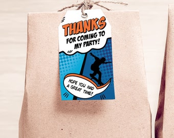 May include: A blue and orange thank you tag with a comic book style design. The tag features a silhouette of a person skateboarding and the text "THANKS FOR COMING TO MY PARTY! HOPE YOU HAD A GREAT TIME!"