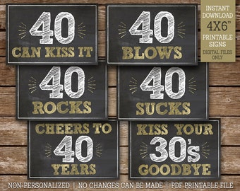 40th Birthday Signs 40 Sucks 40 Rocks 40 Blows 40 Can Kiss It,Cheers to 40 Years 40th Party Decorations Gold PRINTABLE BG40 MM40