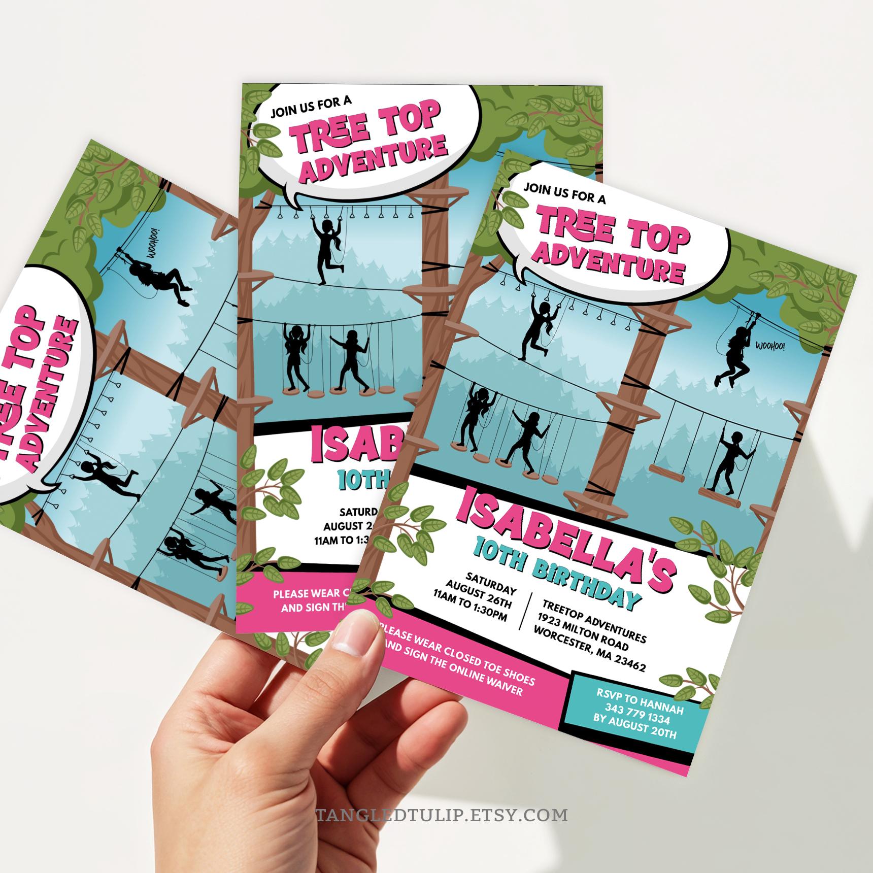 Invitation Cards Using Ropes Rope Course Birthday Invitation | Girl Zipline Tree Top Adventure Party ...