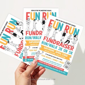 May include: A colorful flyer for a Westport School Fun Run fundraiser. The flyer features a cartoon illustration of people running and walking. The event is scheduled for Saturday, April 23rd and includes a 2K or 5K run/walk. The flyer also mentions food trucks, games, and prizes. Tickets are available at the school office.