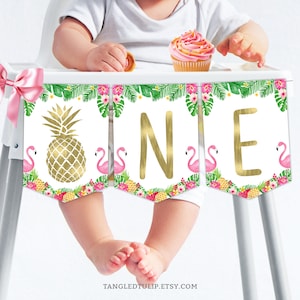 Tropical 1st Birthday High Chair Banner: Pineapple, Flamingo, Gold (Digital Download) TR1
