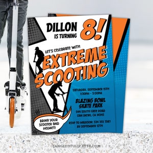 Editable Scooter Birthday Invitation, Scooter Party Invite for Boys, Orange, Invitation Template, Digital Invite, Corjl SC1 BS4