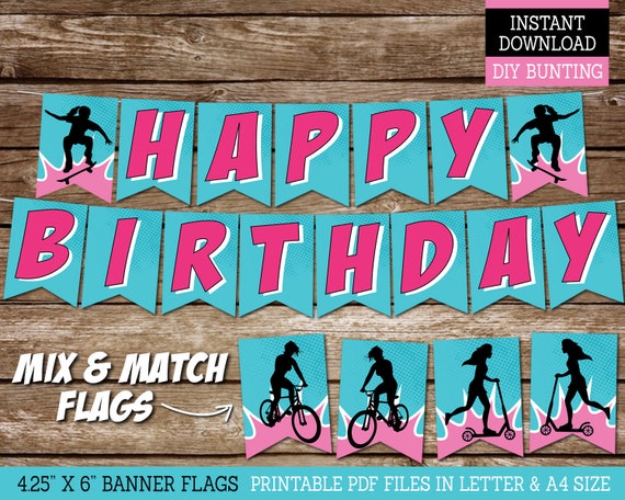 Happy Birthday Banner for Girl's Skater Scooter Bike Birthday, Skate Scoot Bike Party Decor for Girls, DIY PRINTABLE Banner Il_570xn