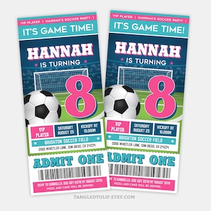 Bearbeitbares Fußball-Geburtstags-Einladungsticket für Mädchen, Fußballspiel-Party-Einladungskartenvorlage, Fußball, Mädchen-Fußball, bedruckbar, SOC1