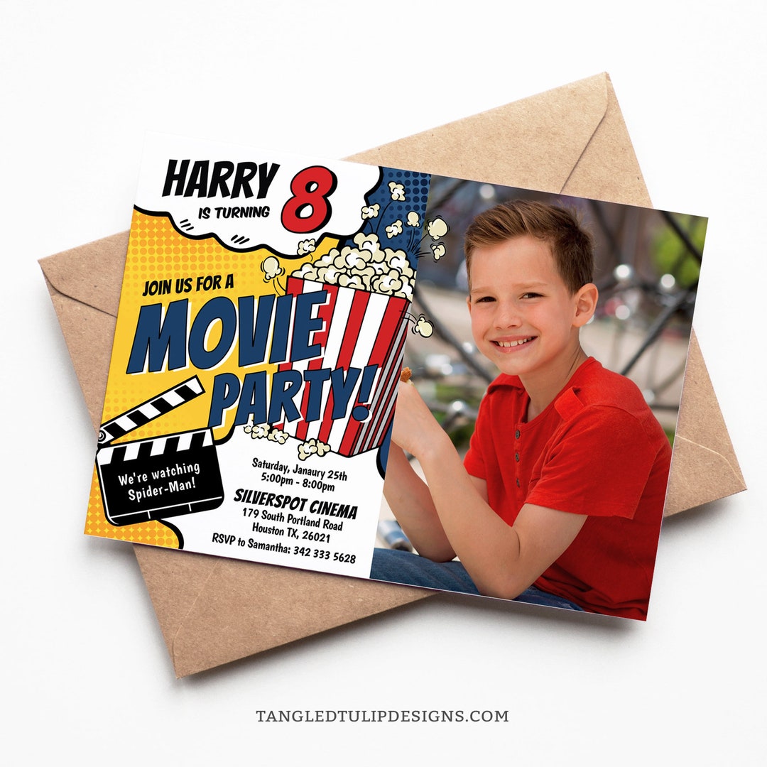 Movie Birthday Invitation | Boy Movies Popcorn Birthday Party Invite ...
