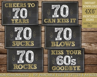 70th Birthday Decoration Signs Cheers to 70 Years Gold INSTANT DOWNLOAD, 70 Sucks, 70 Rocks, 70th Party Decor Printable Signs BG70 WG70